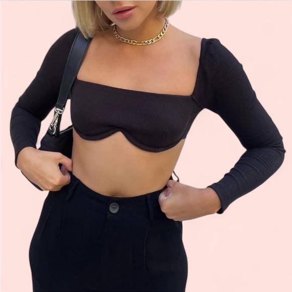 Tops - Black Long Sleeve Bustier Crop Top